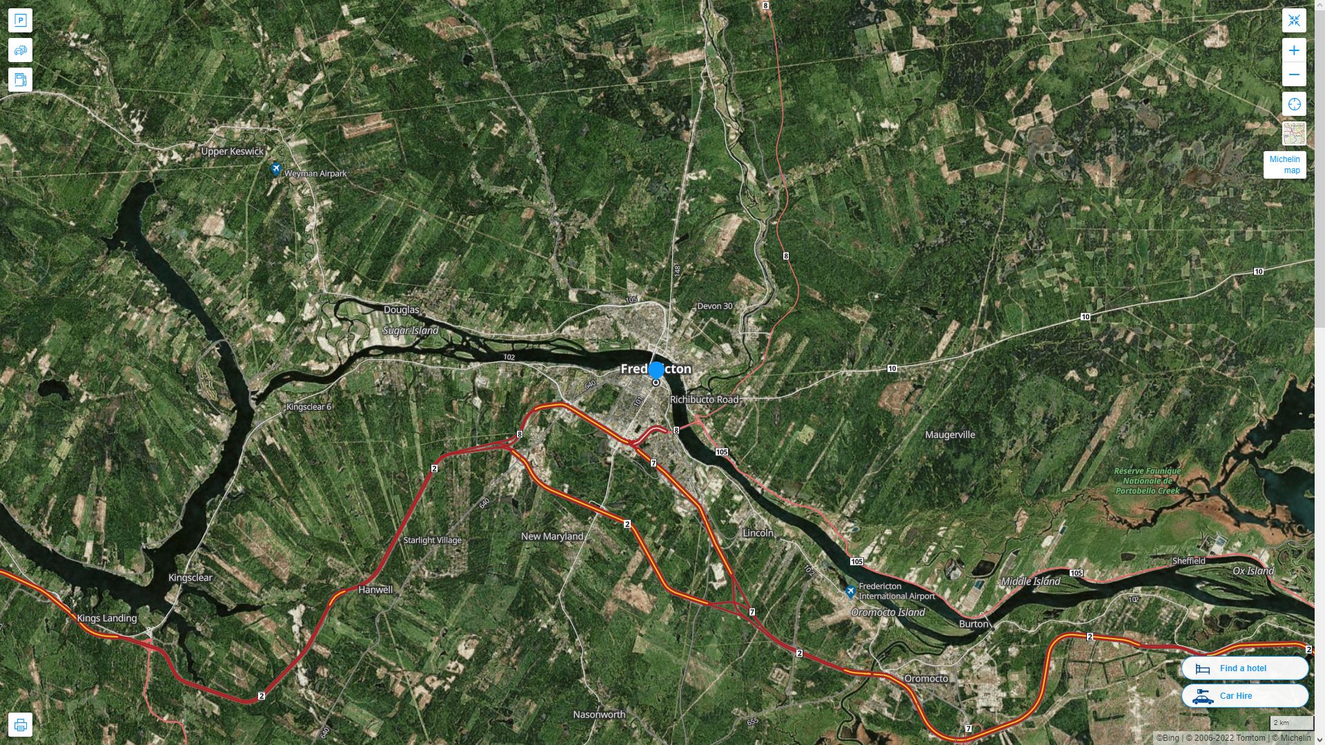 Fredericton Highway and Road Map with Satellite View